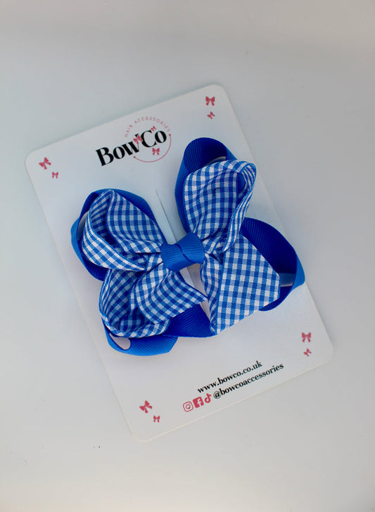 School Bow Royal Blue Gingham Double Loop Bow - Clip