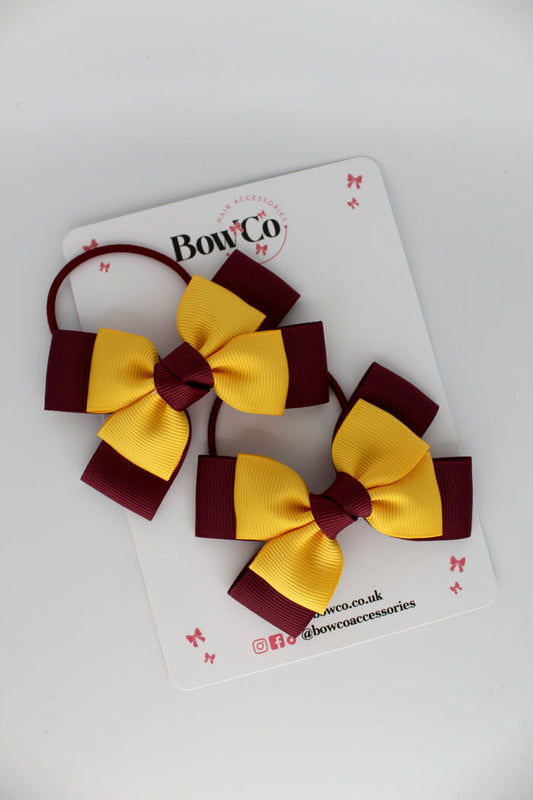 School Bows Burgundy and Yellow Gold - Layer Bow Set - Elastic