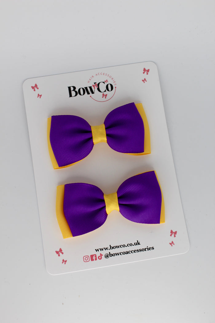 School Bows Purple and Yellow Gold - Double Lapel Bow Set - Clip