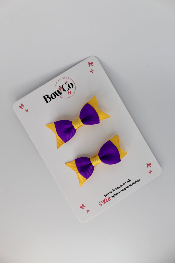 School Bows Purple and Yellow Gold - Layer Tail Bow - Clip