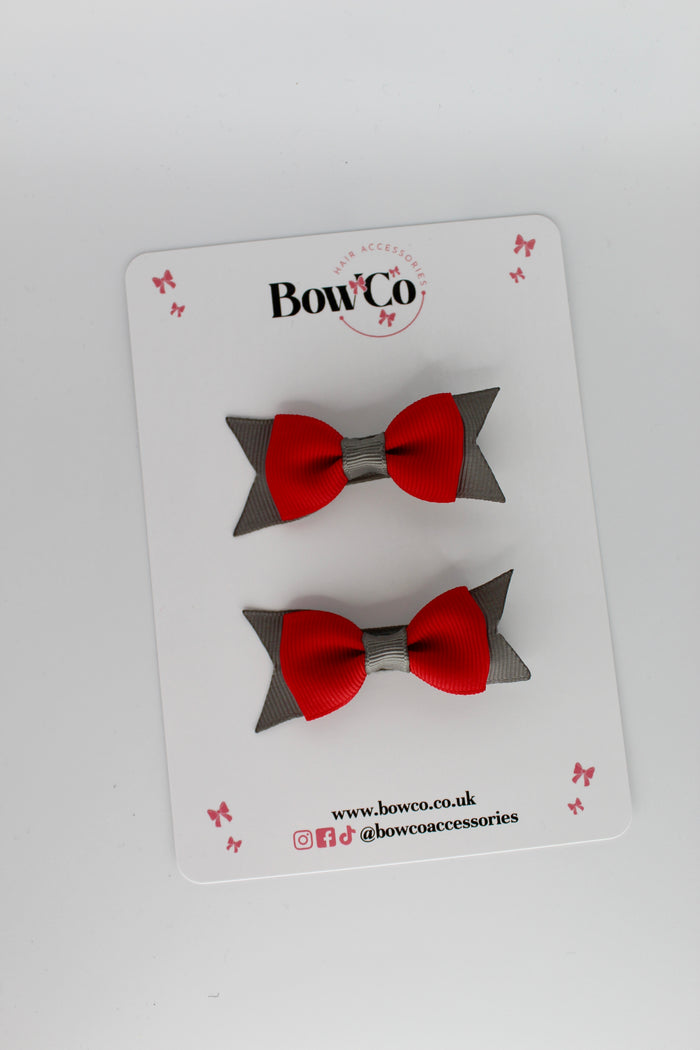 School Bows Red and Metal Grey - Layer Tail Bow - Clip