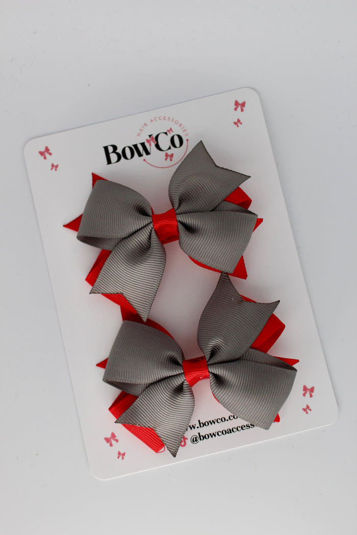 School Bows Red and Metal Grey - Layer Tail Bow Set - Clip