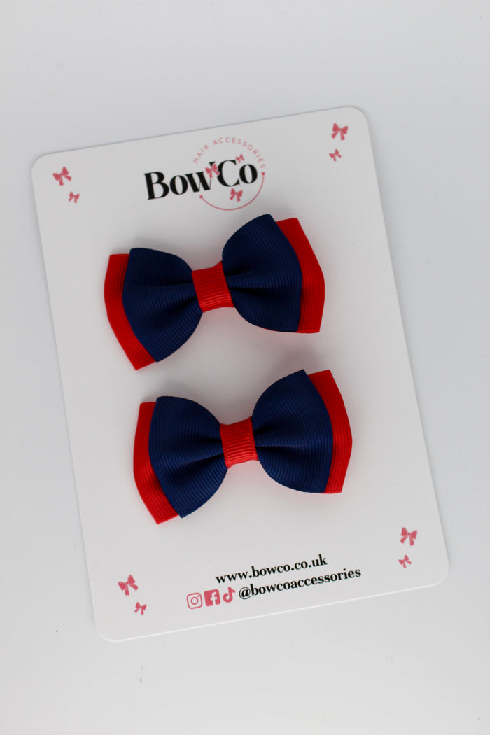 School Bows Red and Navy Blue - Double Bow Set - Clip