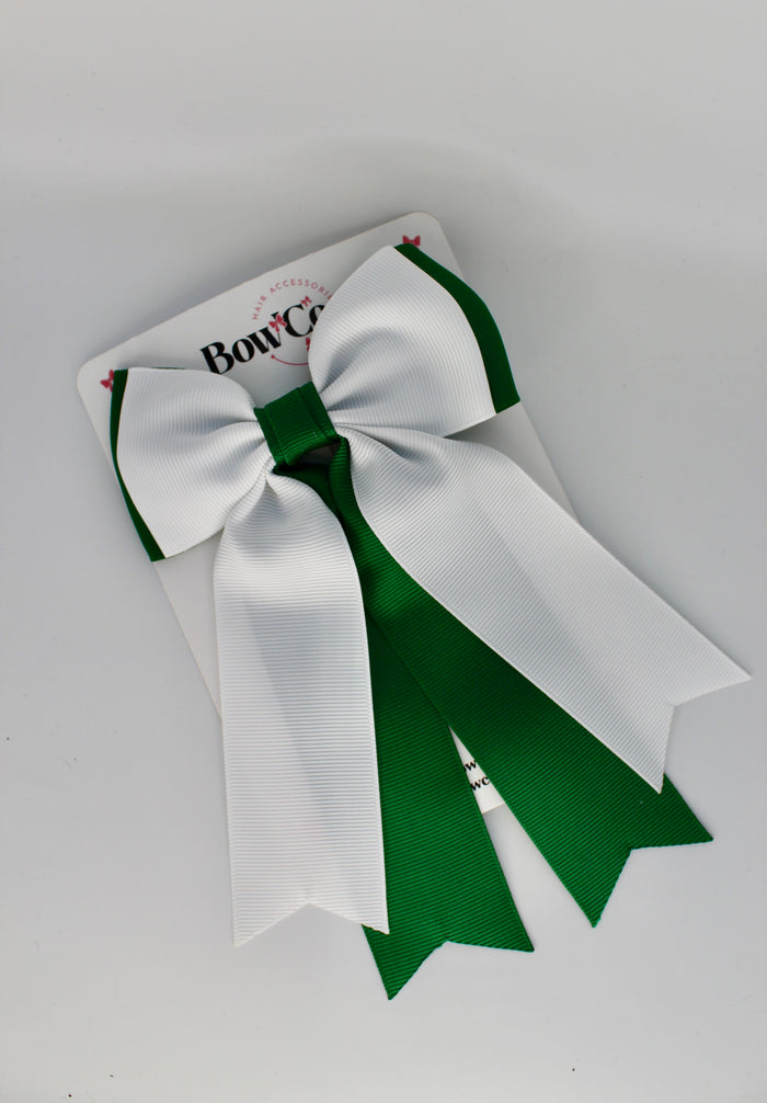 School Green and White Bow Classic Tail Bow - Clip