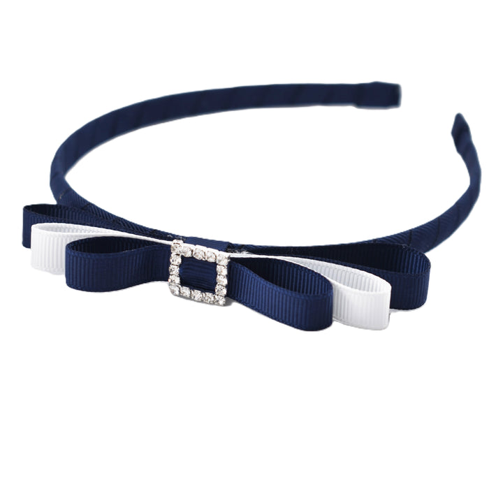 School Headband - Rhinestone Buckle - Navy Blue & White