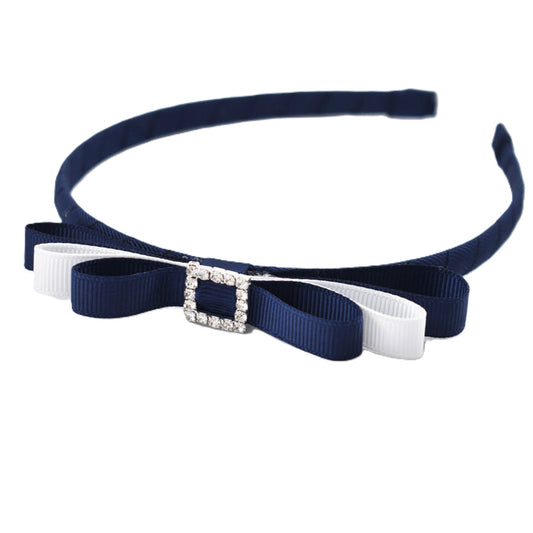 School Headband - Rhinestone Buckle - Navy Blue & White