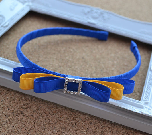 School Headband - Rhinestone Buckle - Royal Blue & Yellow Gold