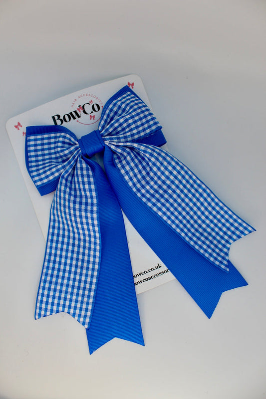 School Royal Blue Gingham Classic Tail Bow - Clip