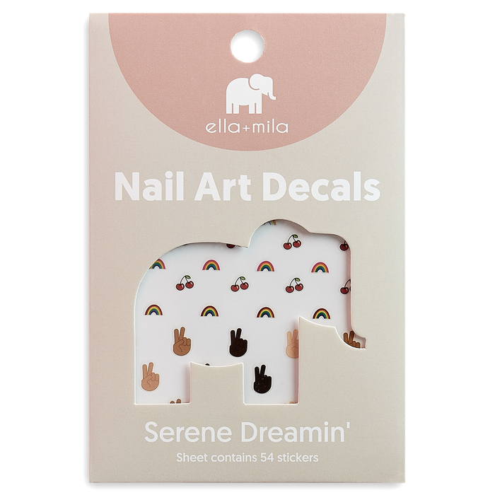 Serene Dreamin' cherry, rainbow and peace sign nail art decals in packaging – ella+mila
