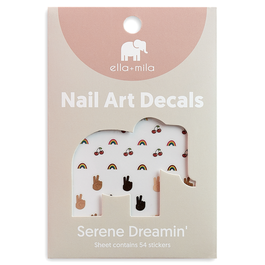 Serene Dreamin' cherry, rainbow and peace sign nail art decals in packaging – ella+mila