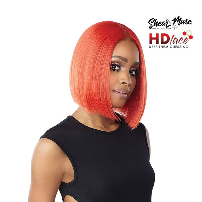 SENSATIONNEL hd lace front wig red sleek straight blunt bob with center part on model wearing black top