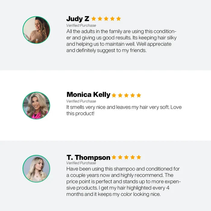 Three five-star reviews of GK Hair Shield shampoo and conditioner: silky, soft hair, nice scent, color stays looking good