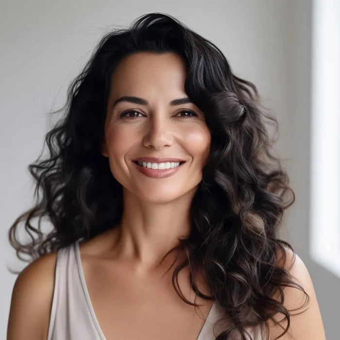 Smiling woman with long dark brown wavy hair falling over one shoulder, in a cream tank top in a bright white room
