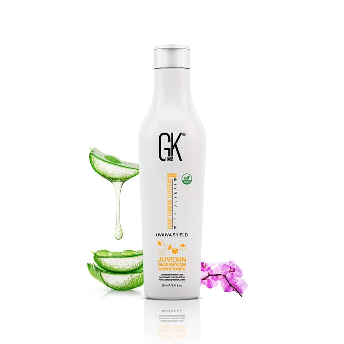 GK Hair Shield Juvexin Color Protection Conditioner 240 ml white bottle with aloe leaves and a pink orchid