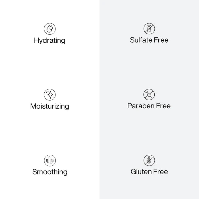 Shine & Protect Hair Duo benefit icons: hydrating, moisturizing, smoothing, sulfate free, paraben free, gluten free