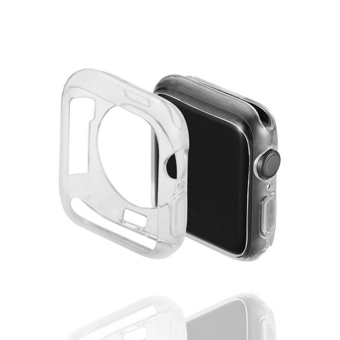 Clear Coconut Lane silicone Apple Watch case, partially removed, on a reflective white surface.