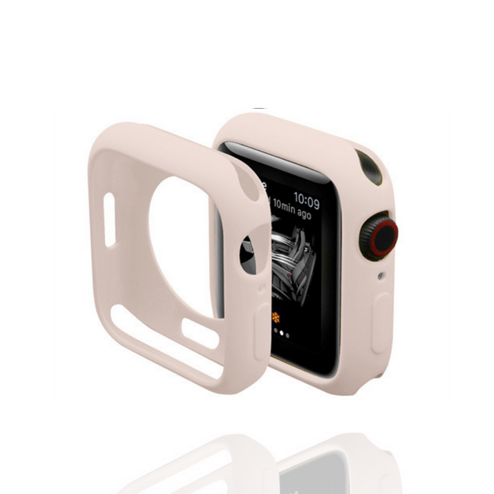 Pale pink Coconut Lane silicone Apple Watch case next to a watch with a digital display.