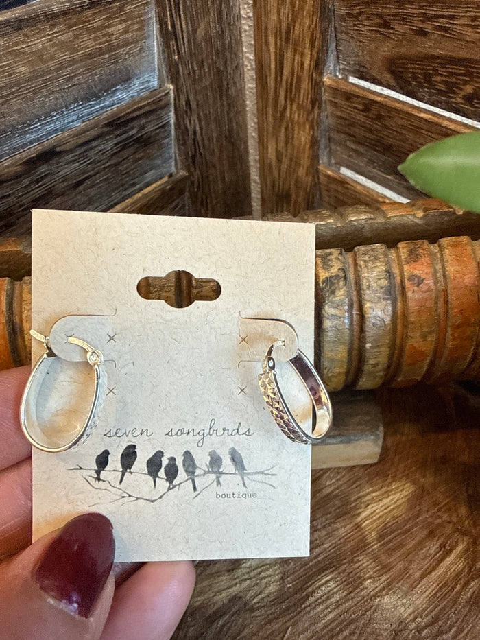 Sterling silver small hoop earrings with oval stone and textured accents