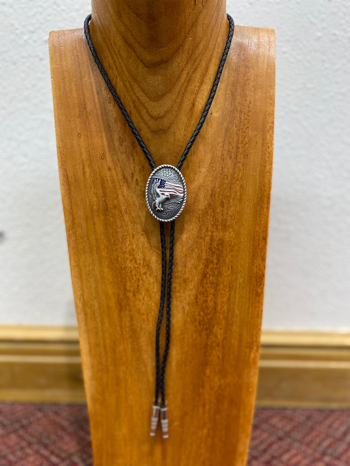 Silver Bolo Tie w/ Eagle & American Flag