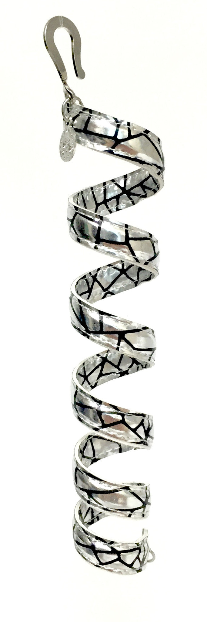 12 inch holographic silver faux leather ponytail wrap, spiral design, front view on white background