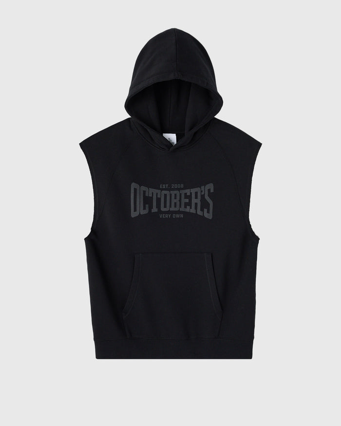 Black sleeveless hoodie with front pocket and printed text graphic on chest.