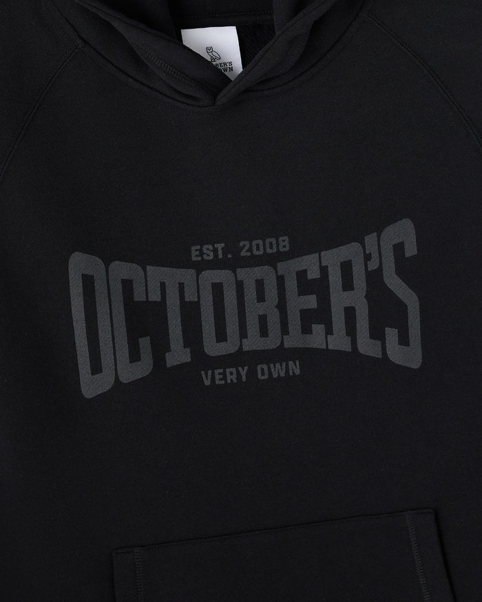 Black sleeveless hoodie with gray "Octabers" graphic print and "EST. 2008" text on chest.
