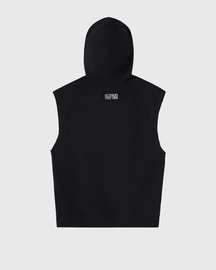 Black sleeveless hoodie with text graphic on chest, shown from back view.