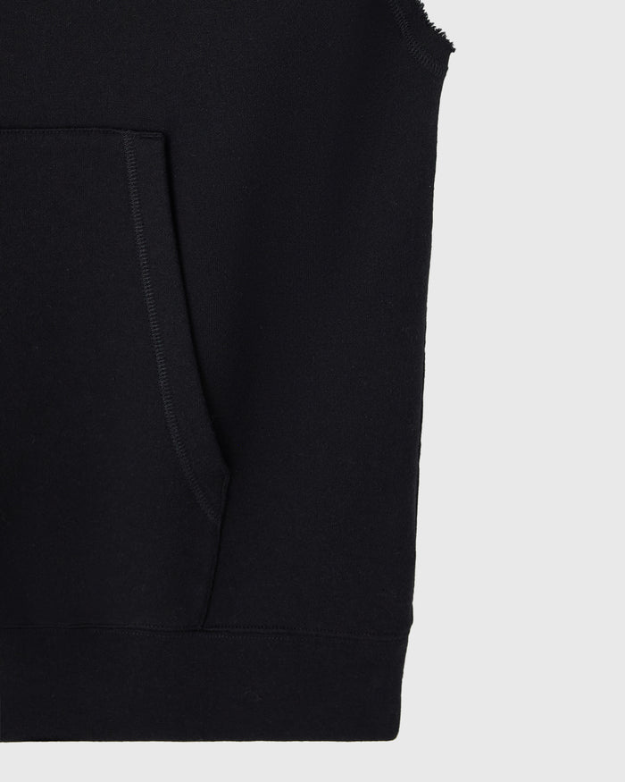 Black sleeveless hoodie with kangaroo pocket and ribbed neckline detail.
