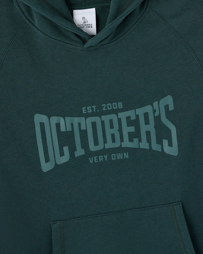 Midnight green sleeveless hoodie with "October's Very Own" graphic print and kangaroo pocket.