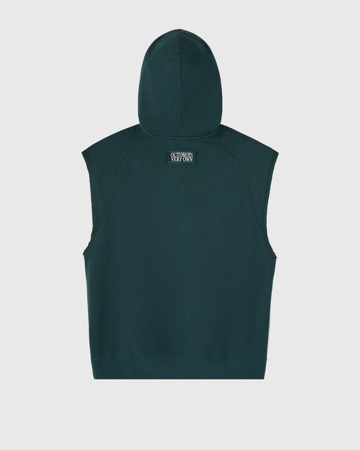 Midnight green sleeveless hoodie with raglan seams and small back neck logo detail.