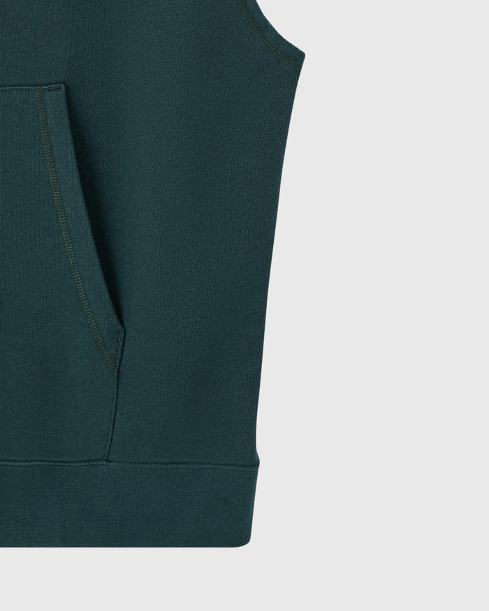 Midnight green sleeveless hoodie with kangaroo pocket and ribbed hem detail.