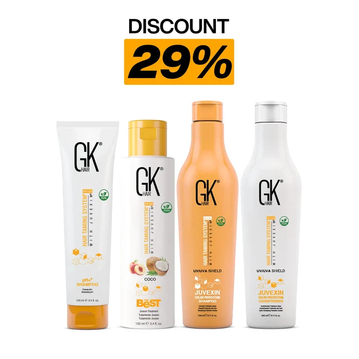 DISCOUNT 29% offer showing GK Hair pH+ Shampoo, The Best Coco, and Juvexin Color Protection Shampoo and Conditioner