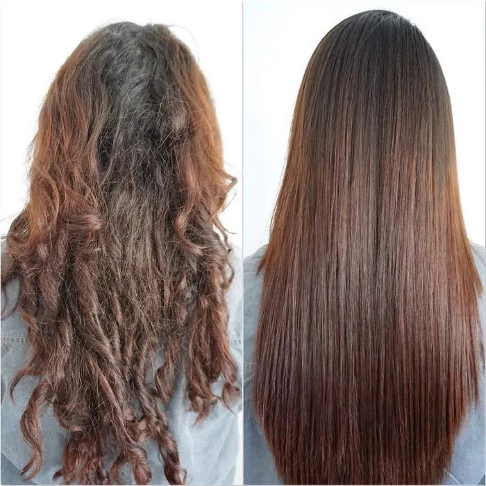 Smoothing Shield Deal before and after from behind: frizzy wavy auburn hair left, sleek glossy straight hair right
