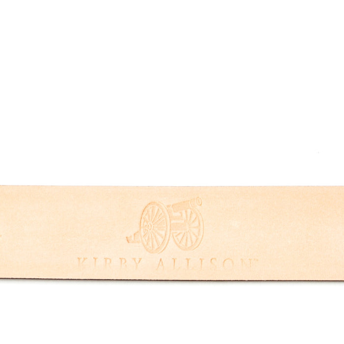 A handcrafted Italian Sovereign Grade Black Grained Calfskin Dress Belt with the word KirbyAllison.com on it.