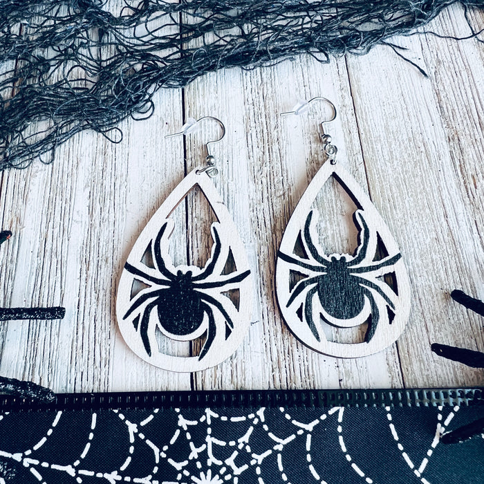Spooky Spider Wooden Drop Ear Bling