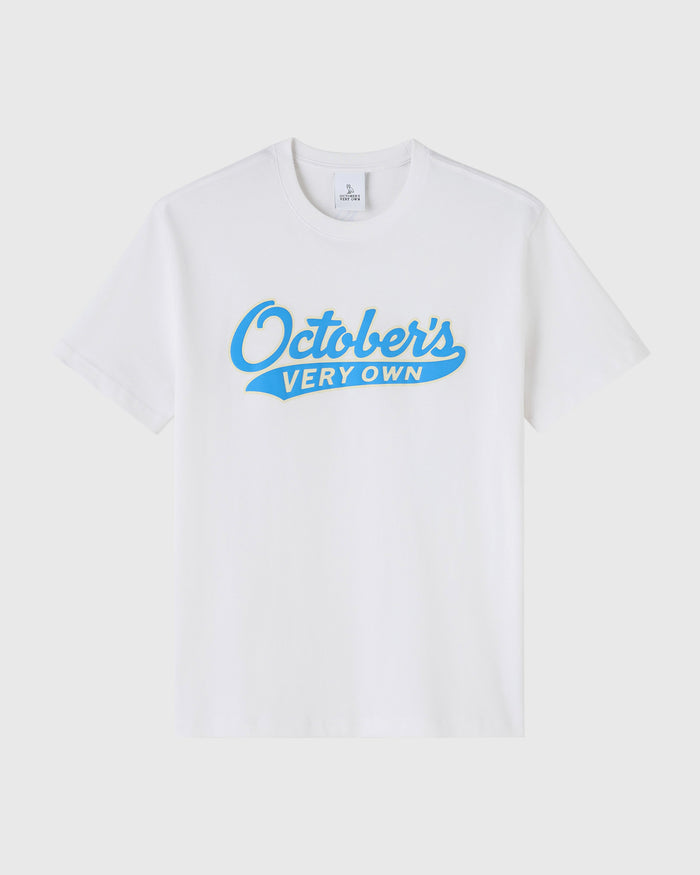 White t-shirt with blue script text reading "October's Very Own" across the chest.