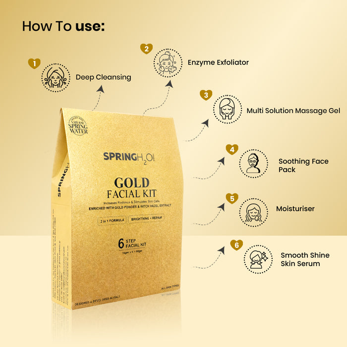 SPRING H2O Gold Facial Kit 60 gm 2 in 1 Formula Brightning+Repair 6 Step