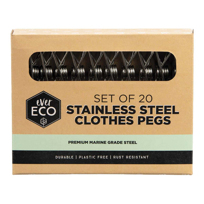 Ever Eco set of 20 Stainless Steel Clothes Pegs made with premium marine grade steel, rust resistant.
