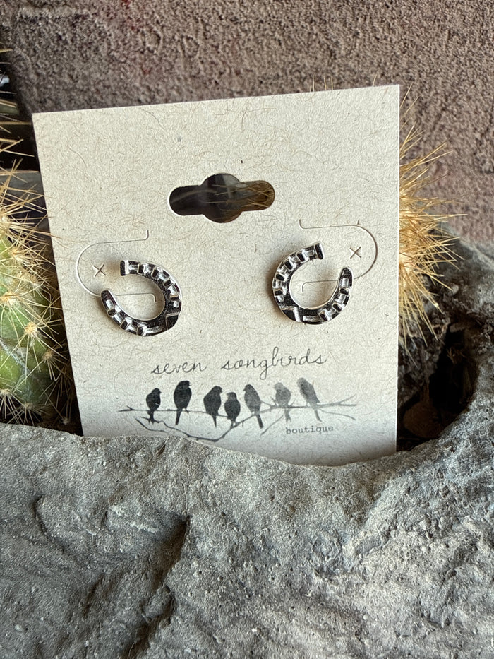 Sterling silver horseshoe hoop earrings with square stone accents, open ring design