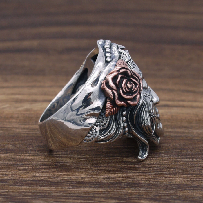 Sterling Silver Sugar Skull Santa Muerte Twin Face Skull Ring