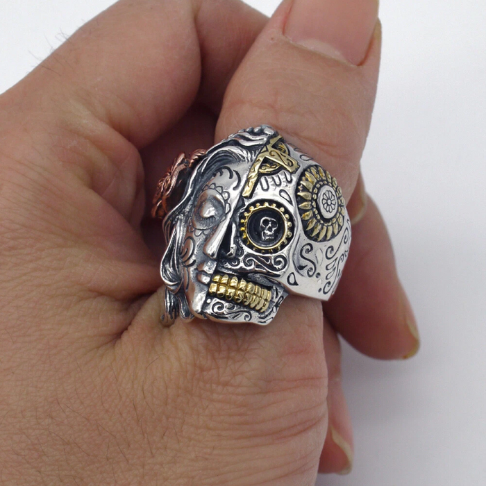 Sterling Silver Sugar Skull Santa Muerte Twin Face Skull Ring