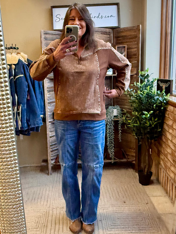 Studded 1/4-zip sweatshirt, brown with rhinestone-like studs on front and shoulders