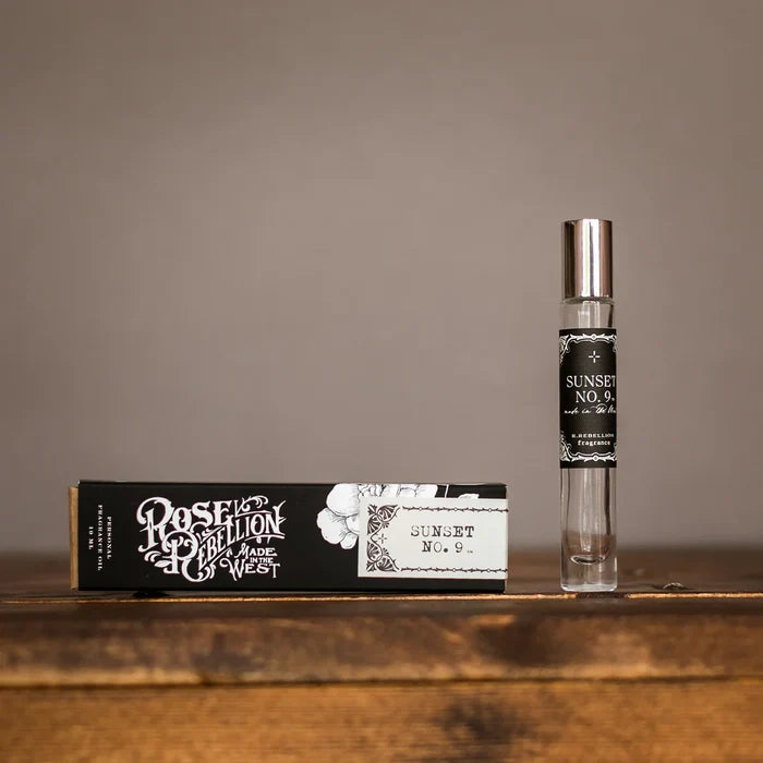 Roll-on perfume oil bottle with metal roller and box, Sunset No. 9 label