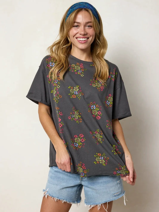 Take It In Cotton Tee - Charcoal Folk Flower-view 1