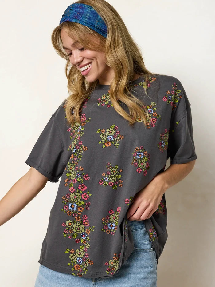 Take It In Cotton Tee - Charcoal Folk Flower-view 3