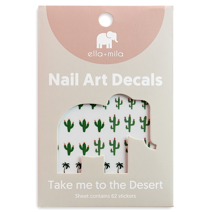 Take Me to the Desert cactus, palm tree and sunflower nail art decals in packaging – ella+mila