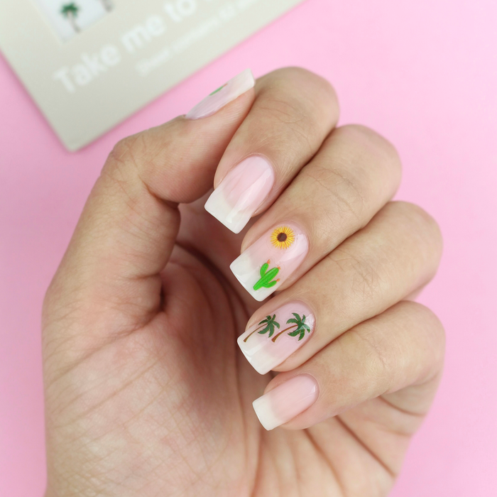 Take Me to the Desert cactus and sunflower decals on a sheer nude manicure with the packaging