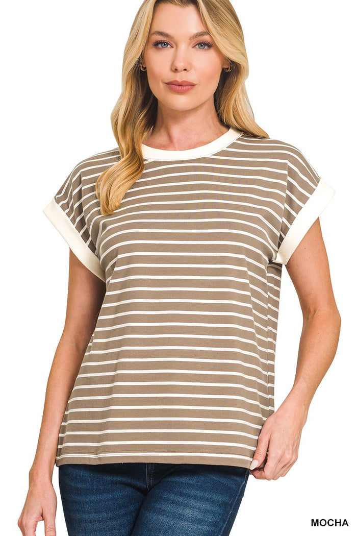 Tan and white striped cap sleeve T-shirt with wide crew neck
