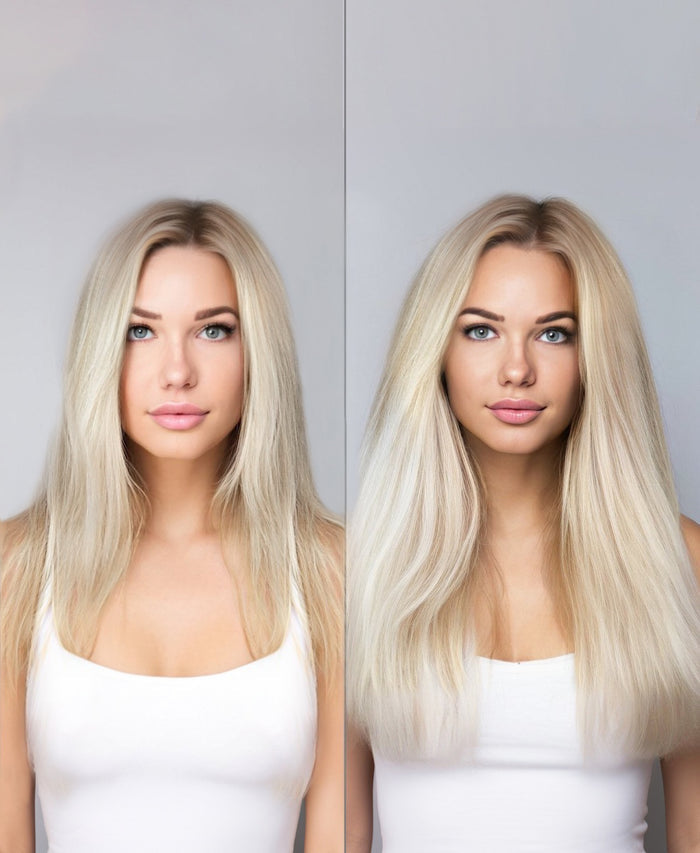 tape-in hair extensions shadow root white blonde.