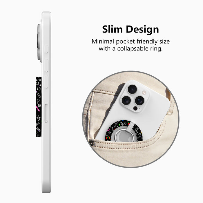 Teach Love Inspire school chalkboard pattern MagSafe phone grip ring with apples rulers and pencils compatible with iPhone and Samsung